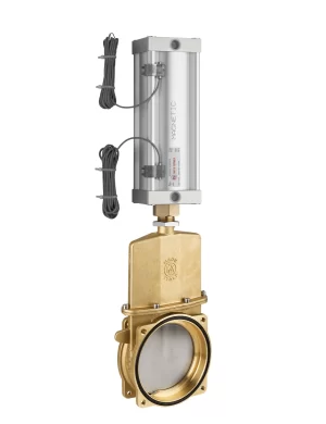 <b>art. 0082/0571-0576 -</b> Knife gate valve with discharge 45° to the left with cylinder item 0571-0576